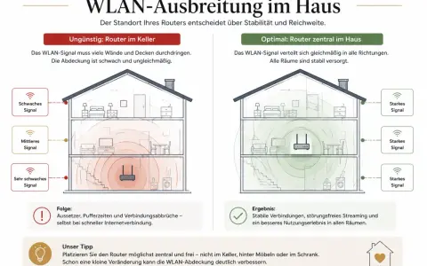 Vergleich der WLAN-Ausbreitung: Router im Keller führt zu schwachem Signal, zentral platziert zu starker WLAN-Reichweite in allen Räumen.