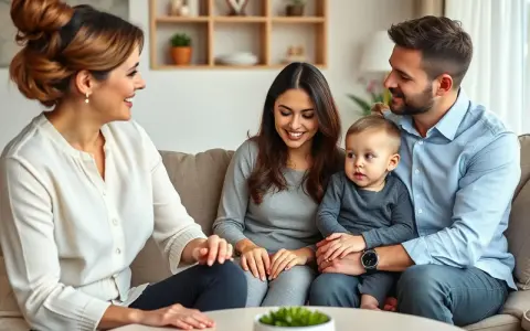 Uśmiechnięta rodzina z dzieckiem rozmawia z kuratorem rodzinnym.