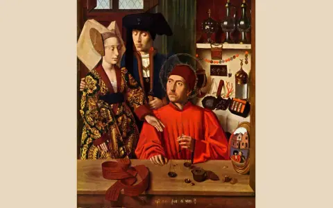 Święty Eligiusz, patron mechaników i złotników, w otoczeniu pary. Na stole wagi i biżuteria.