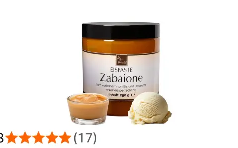Eis-Perfecto Zabaione Eis Paste für cremigen Eisgenuss. Daneben eine Kugel Vanilleeis und eine Schale der Paste.