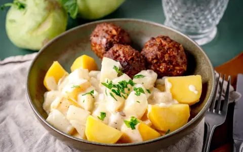 Klassische Kohlrabi-Rezepte: Kohlrabi in cremiger Sauce mit Kartoffeln und Frikadellen, garniert mit Petersilie.