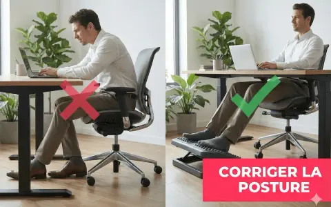 Un homme travaille à un poste de travail. La partie gauche montre une mauvaise posture, la droite une bonne posture avec repose-pieds.