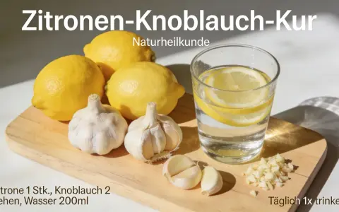Zitronen-Knoblauch-Kur: Ein Glas Wasser mit Zitrone, Knoblauchzehen und gehacktem Knoblauch. Ein einfaches Rezept für Wohlbefinden.