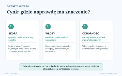 Cynk na skórę wspiera gojenie i procesy zapalne. Warto go suplementować przy potwierdzonym niedoborze, by wzmocnić odporność i włosy.