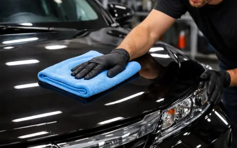 Mężczyzna w czarnej rękawiczce poleruje czarny lakier auta niebieską mikrofibrą. Czy po woskowaniu płukać auto? To pytanie zadaje sobie wielu kierowców.