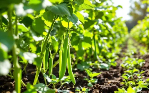 Des haricots verts mûrs pendent des tiges vertes. La récolte des haricots verts est un processus continu, demandant plusieurs passages pour cueillir les gousses à maturité.