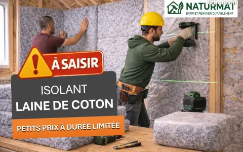 Pose d'isolant en laine de coton dans un chantier. Offre spéciale "À saisir" sur cet isolant naturel.