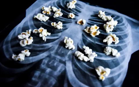Palomitas de maíz sobre una radiografía de tórax, evocando el peligro del diacetilo en el vapeo.