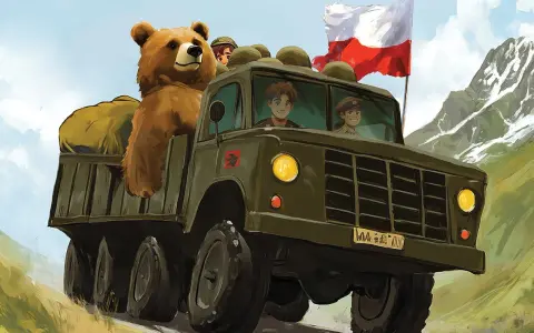 Dziadek i niedźwiadek w wojskowej ciężarówce z polską flagą, jadą przez góry.