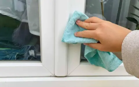 Hand reinigt mit blauem Tuch den weißen Rahmen eines Kunststofffensters.