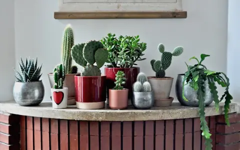 Collezione di piante grasse da appartamento immagini: cactus, succulente e altre varietà in vasi decorativi su una mensola.