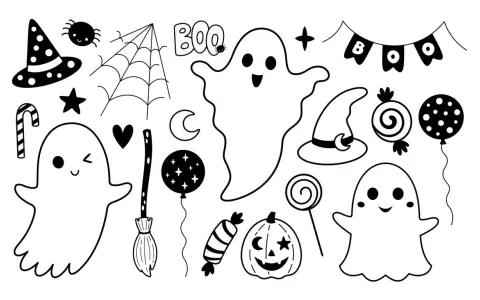 Collection d'éléments d'Halloween : fantômes joyeux, chapeaux de sorcière, citrouille, bonbons, balai, araignée, toile d'araignée. Parfait pour un inspi dessin facile.
