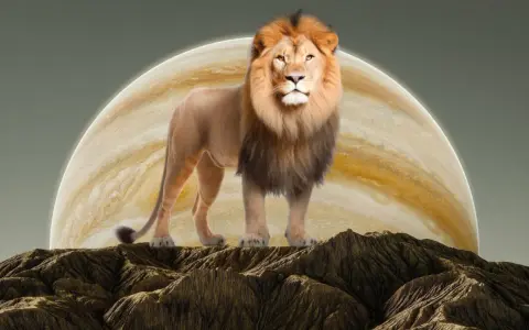 Majestatyczny lew na skalistym szczycie, z Jowiszem w tle. Król kosmosu, jakby Mars w Lwie.
