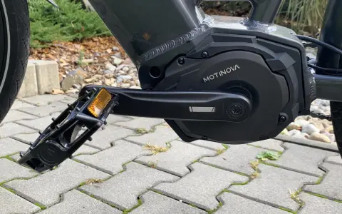 Silnik w kole roweru elektrycznego Motinova, gotowy do jazdy po kostce brukowej.