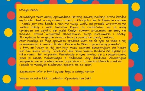 Żółty prostokąt z tekstem na niebieskim tle z kolorowymi kropkami.