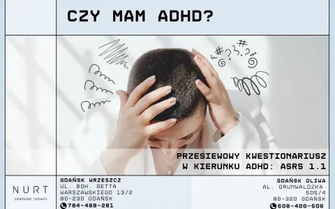 Kobieta z rękami na głowie, otoczona chaotycznymi rysunkami symbolizującymi zamęt myśli. Pytanie "Czy mam ADHD?" i informacja o kwestionariuszu ASRS 1.1.