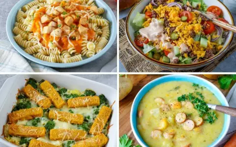 Vier leckere Gerichte: Pasta mit Soße, Salat mit Hackfleisch, Auflauf mit Fischstäbchen und Gemüse, und eine cremige Kartoffelsuppe. Was koche ich heute?