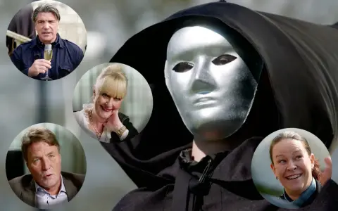 En mystisk figur med silvermask och huva omgiven av porträtt av fyra personer. En ny serie på TV4 Play.