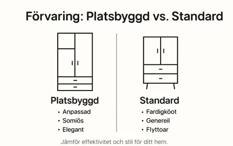 Illustration av ett platsbyggt skåp med anpassad, somiös och elegant design, jämfört med ett standard skåp.