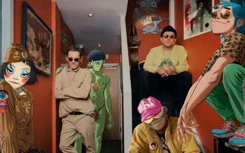 Medlemmar av Gorillaz samlade i en korridor. Från vänster: Noodle, Murdoc, 2-D och Russel.