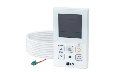 Télécommande LG pour climatiseur, avec câble blanc enroulé. Ce manuel vous guide pour son utilisation.