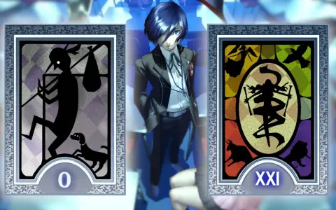 Postać z gry Persona 3, między kartami tarota: 0 - Wędrowiec z psem, i XXI - Świat.