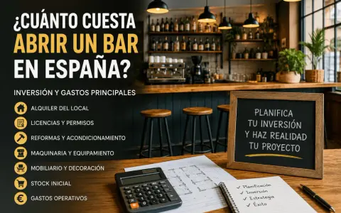 ¿Cuánto cuesta montar un bar en España? La imagen muestra los gastos principales: alquiler, licencias, reformas, maquinaria, mobiliario, stock y gastos operativos.