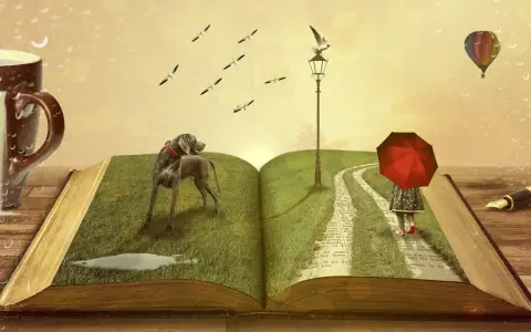 Un livre ouvert se transforme en paysage : un chien, une petite fille sous un parapluie rouge, un ballon et des oiseaux s'envolent. Ces livres d'histoire invitent à l'évasion.