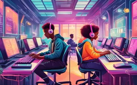 Deux jeunes créent de la musique avec un logiciel musique gratuit dans un studio futuriste aux néons roses et bleus.