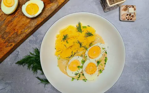 Pyszne jajka w sosie musztardowym z puree ziemniaczanym, udekorowane koperkiem i szczypiorkiem. Idealne na obiad.