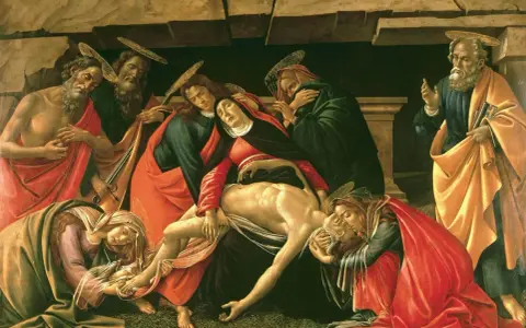 Scena opłakiwania Chrystusa, pełna symbolizmu w malarstwie. Postacie w żałobnych szatach otaczają martwe ciało, wyrażając głęboki smutek i oddanie.