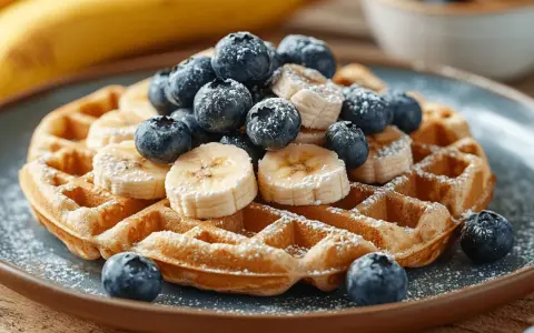 Goldbraune Bananenwaffeln mit Blaubeeren und Bananenscheiben, bestäubt mit Puderzucker. Ein köstlicher Genuss!