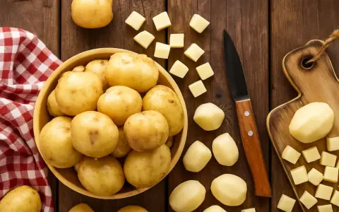 Patatas enteras y cortadas en cubos sobre una mesa de madera. ¡Un snack saludable que los perros pueden comer patata cocida!