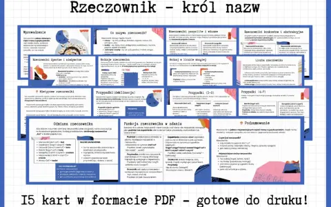 Karta pracy o rzeczowniku, królu nazw. Wyjaśnia, czym jest rzeczownik, jego rodzaje, przypadki i funkcje w zdaniu. Bez jaka to część mowy.