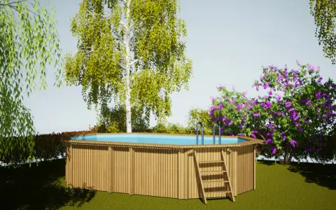 Piscine hors sol en bois avec échelle, entourée de verdure et de fleurs. Un bel espace pour se détendre, en respectant la réglementation piscine.