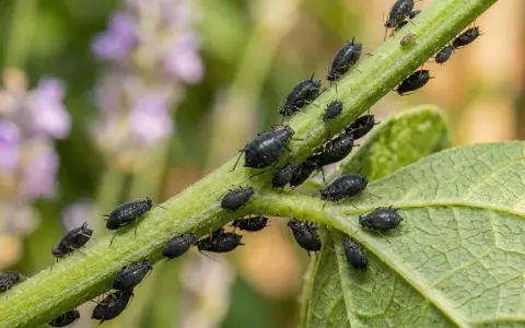 Un essaim de pucerons noirs envahit une tige verte, certains sur une feuille de tomate.