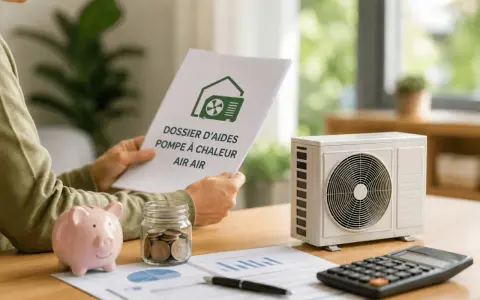 Une personne examine un dossier sur le prix d'une pompe à chaleur air air, avec une tirelire et une calculatrice à proximité.