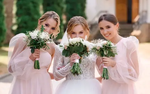 Trzy uśmiechnięte kobiety z bukietami kwiatów. Panna młoda w białej sukni i dwie druchny w różowych sukienkach.
