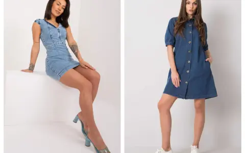 Dwie stylizacje z jeansową sukienką: obcisła z sandałkami na obcasie i rozkloszowana z trampkami. Idealne inspiracje, jakie buty do jeansowej sukienki.