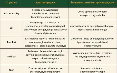 Tabela porównująca audyt energetyczny i świadectwo charakterystyki energetycznej. Audytor czyste powietrze analizuje koszty i efektywność.