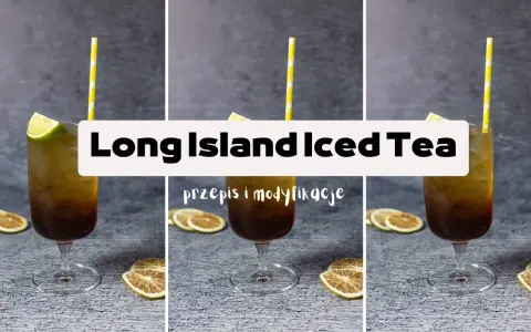 Trzy identyczne drinki Long Island Iced Tea z cytryną i słomką, obok suszone plasterki cytryny.