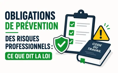 Obligations de prévention des risques professionnels : un tableau de bord, un bouclier, un panneau d'avertissement et le Code du travail illustrent la loi.