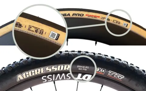 Two bike tires shown. The top is a road tire with a tan sidewall, the bottom is a knobby mountain bike tire. The mountain bike tire shows "60 PSI" as a recommended pressure, answering what psi should mountain bike tires be.