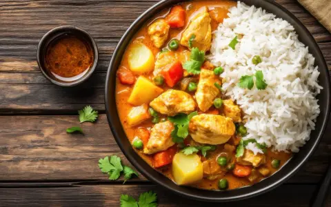 Kurczak w sosie curry z ryżem i warzywami. Idealne danie z 7 pomysłów na obiad.