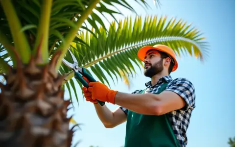 Un jardinier, casque orange et gants, utilise des sécateurs pour savoir comment tailler un palmier.