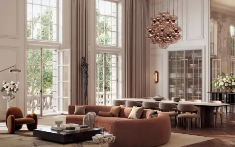 Eleganckie wnętrze z sofą w stylu "quiet luxury", odzwierciedlające najważniejsze trendy w estetyce na wesela i gale 2026.