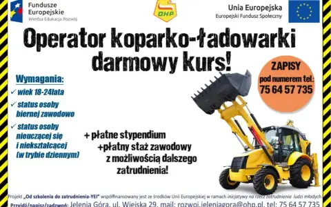 Darmowy kurs na koparko-ładowarkę dla osób w wieku 18-24 lata. Płatne stypendium i staż. Dowiedz się, ile kosztuje kurs na koparkę - tutaj jest za darmo!