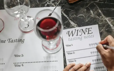 Ręka zapisuje notatki z degustacji wina. Kieliszki z czerwonym winem i arkusz "Wine Tasting" sugerują, jak degustować wino.