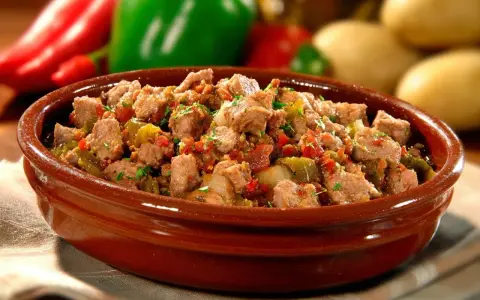 Un plat d'axoa de veau mijoté avec des poivrons et des oignons, garni de persil frais.