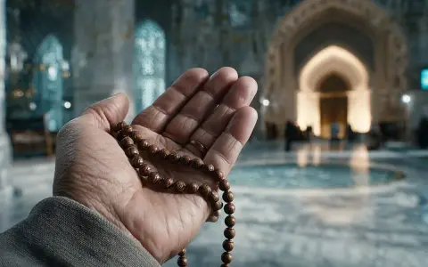 Eine Hand hält eine Gebetskette, ein Symbol des christlichen Glaubensbekenntnisses, vor einer Moschee.